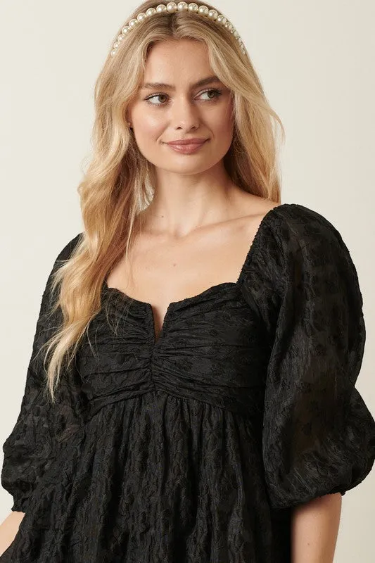 Black Flower Jacquard Babydoll Dress
