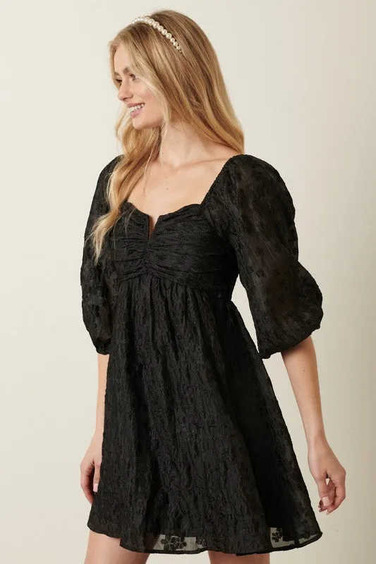 Black Flower Jacquard Babydoll Dress