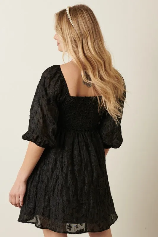 Black Flower Jacquard Babydoll Dress