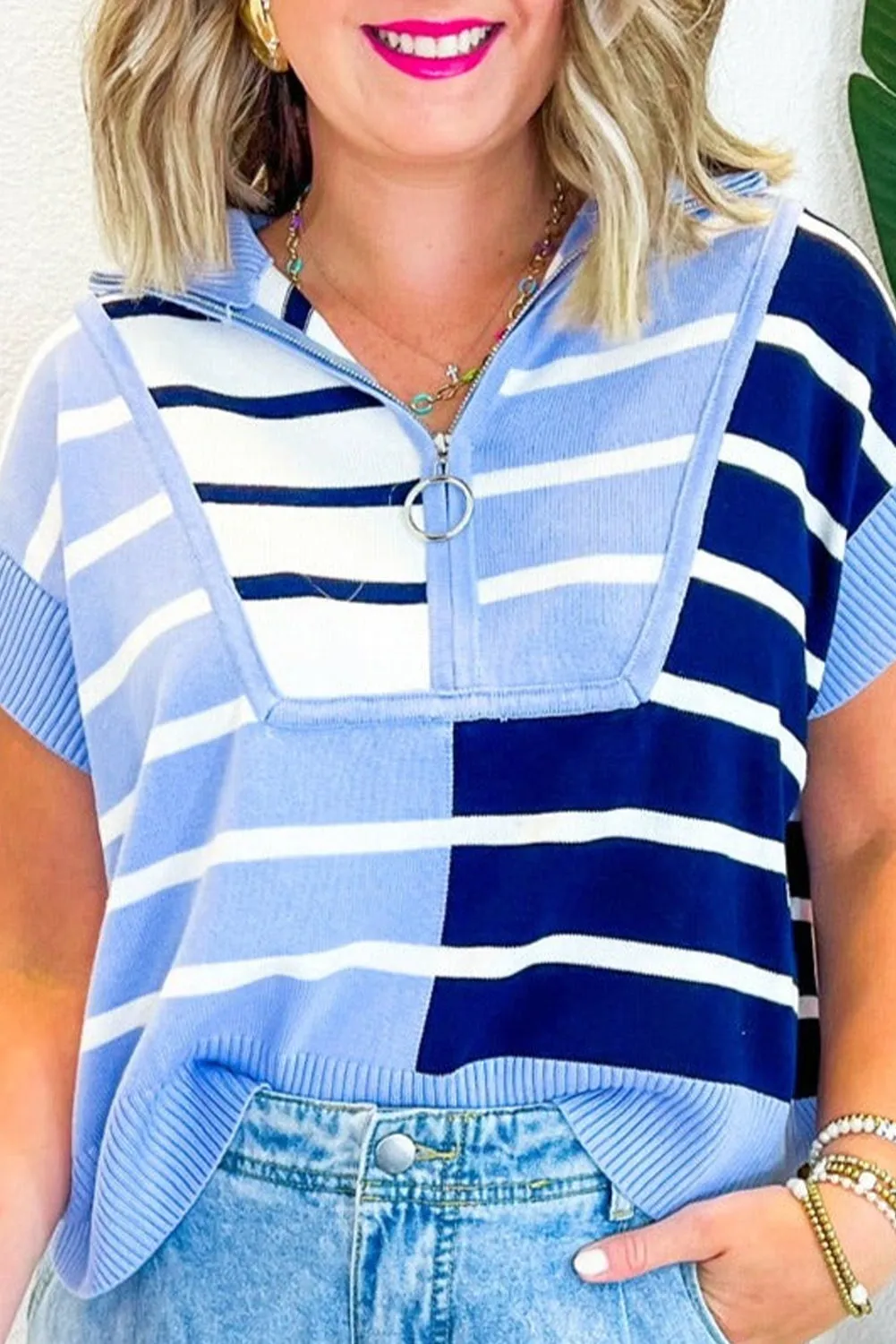 Black Stripe Colorblock Quarter Zip Collar Sweater Vest