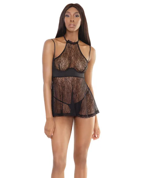 Bold Halter Style Babydoll W-removable Straps & Underwire Cups Black Lg