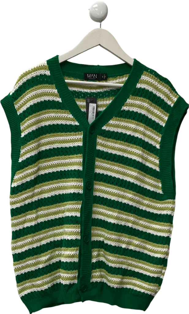 boohooMan Green Button Knitted Vest Cardigan UK M