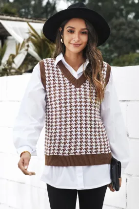 Brown Houndstooth Patern Knitted Vest Sweater