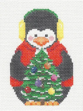 Christmas ~ Penguin with Christmas Tree and Ear Muffs handpainted 18 Mesh Needlepoint Canvas by Susan Roberts