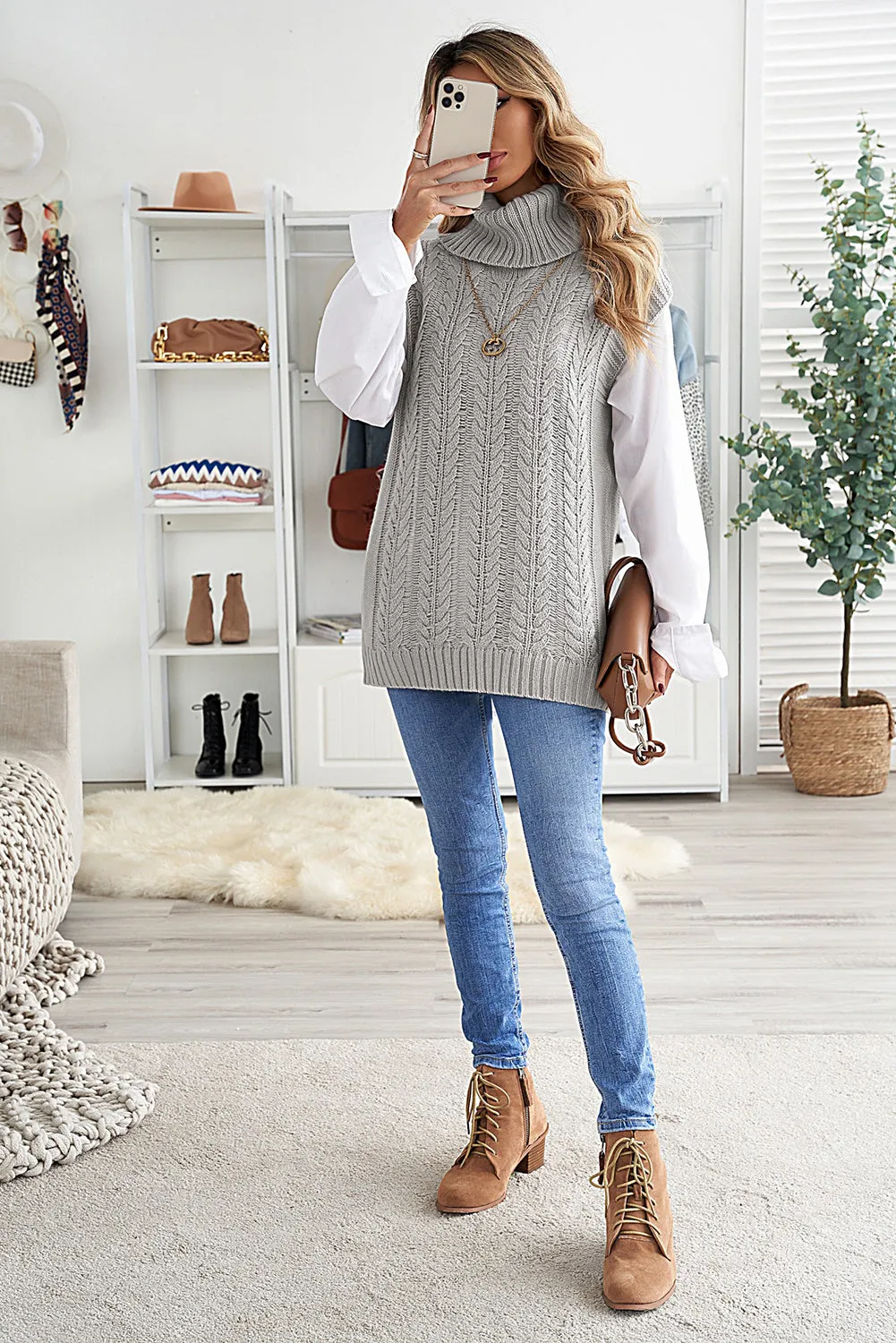 Grey Turtle Neck Braided Knitted Vest Sweater