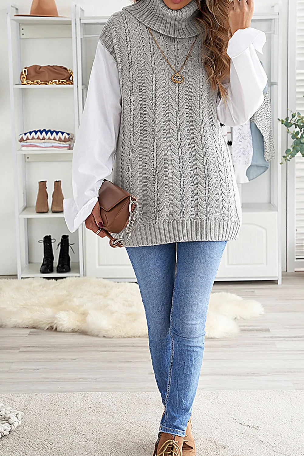 Grey Turtle Neck Braided Knitted Vest Sweater