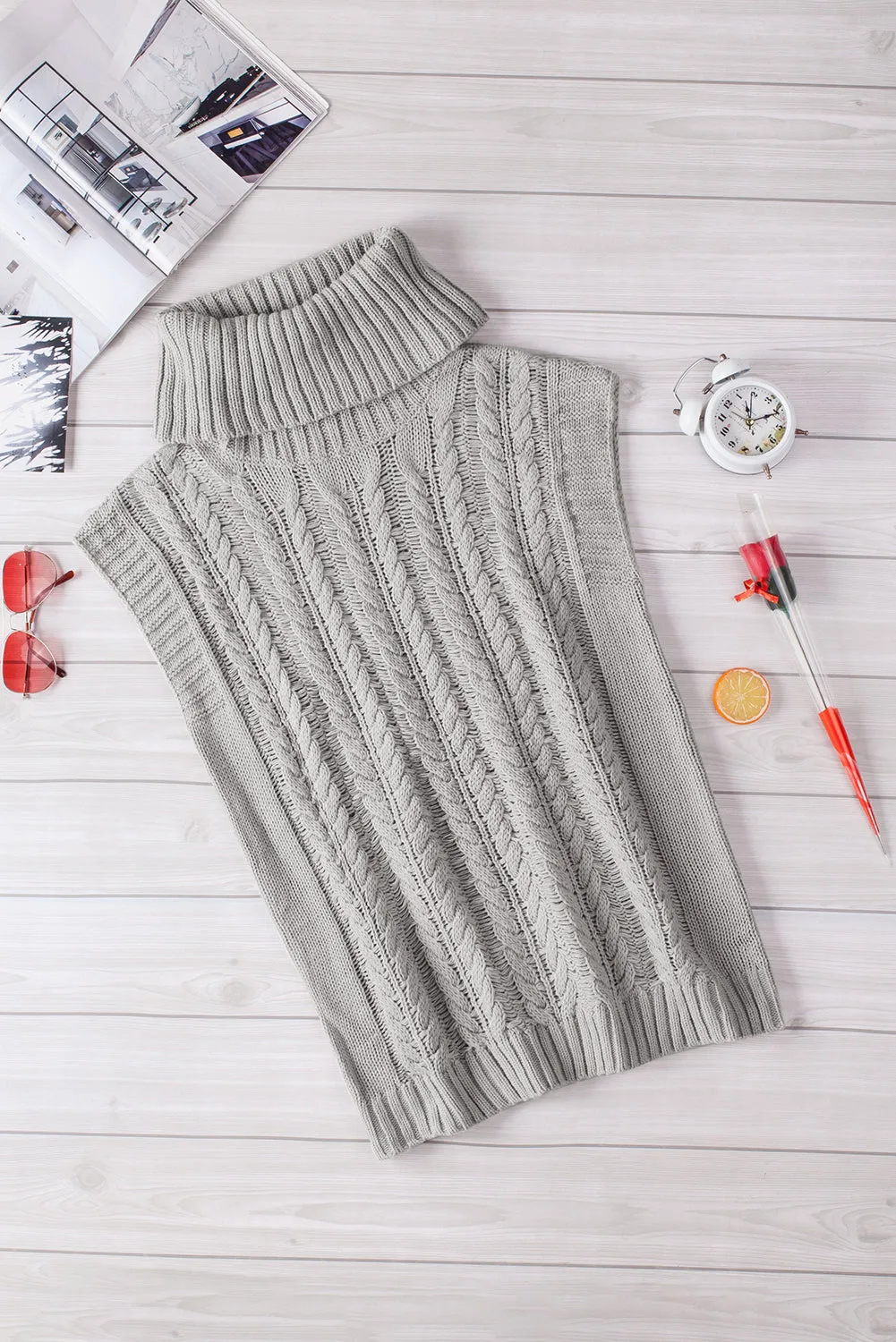 Grey Turtle Neck Braided Knitted Vest Sweater