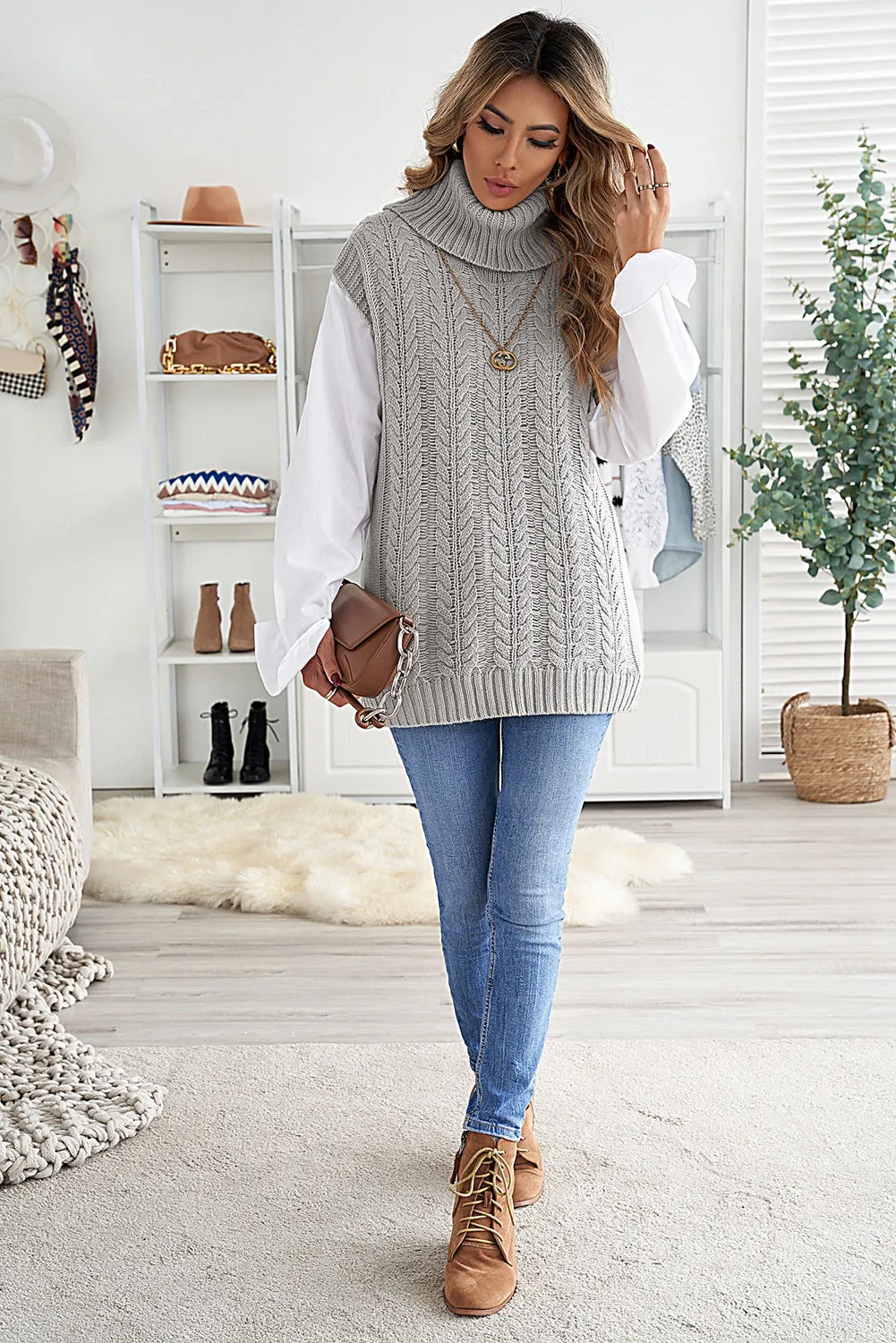 Grey Turtle Neck Braided Knitted Vest Sweater