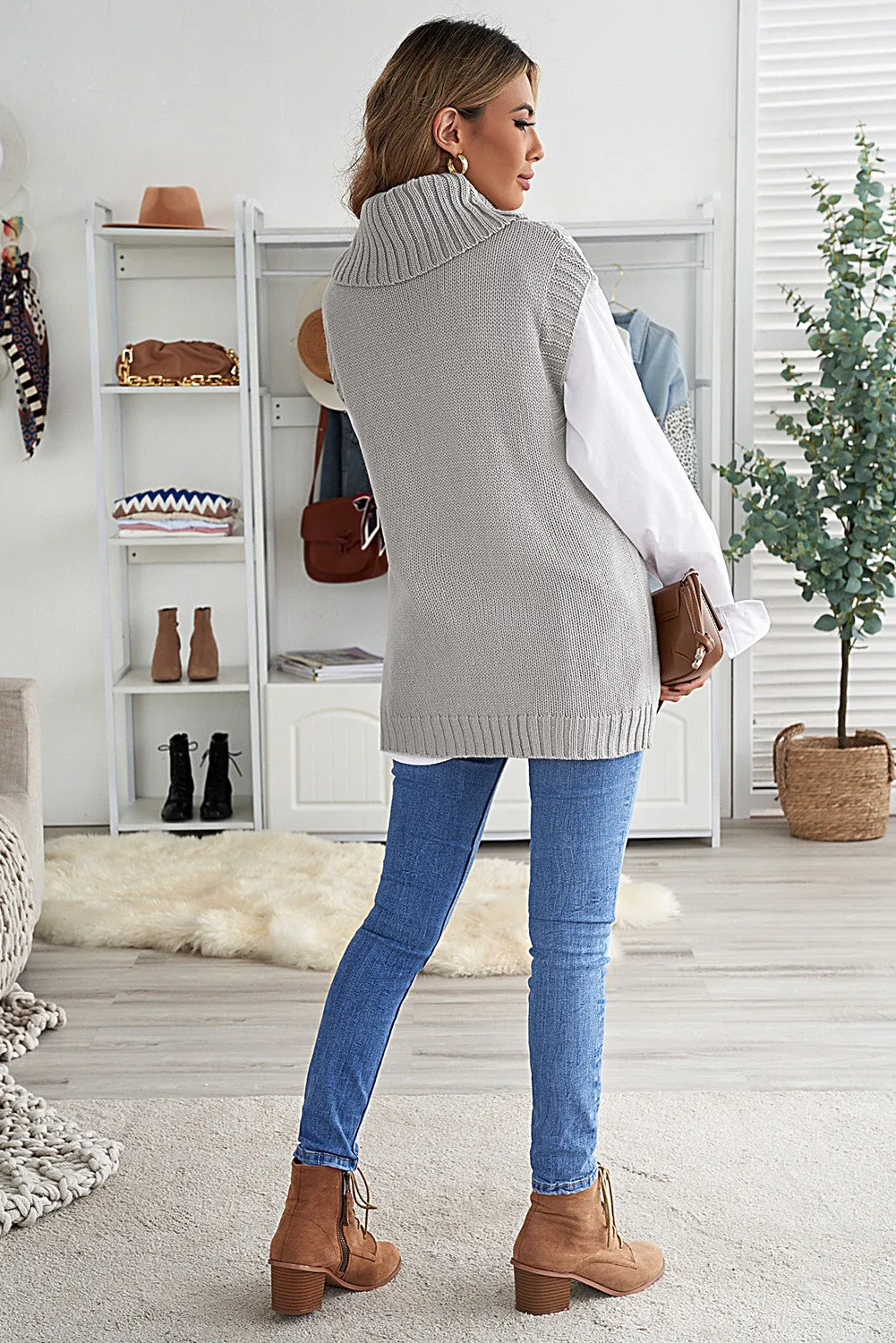 Grey Turtle Neck Braided Knitted Vest Sweater