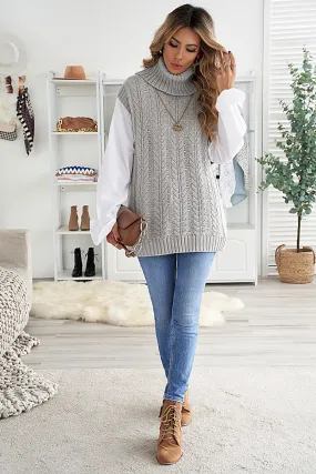 Grey Turtle Neck Braided Knitted Vest Sweater
