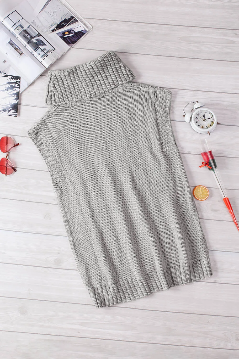 Grey Turtle Neck Braided Knitted Vest Sweater