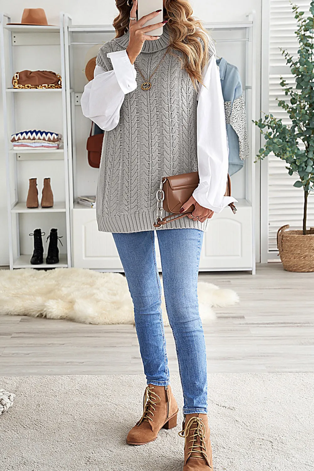 Grey Turtle Neck Braided Knitted Vest Sweater