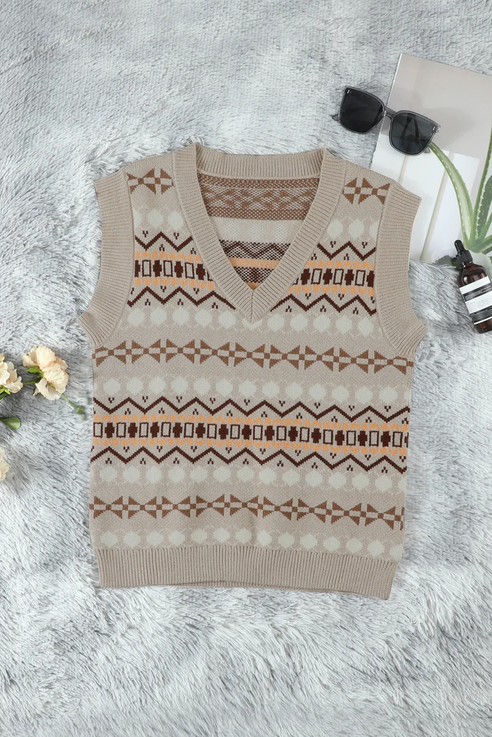 Khaki Tribal Print V Neck Knitted Vest Sweater