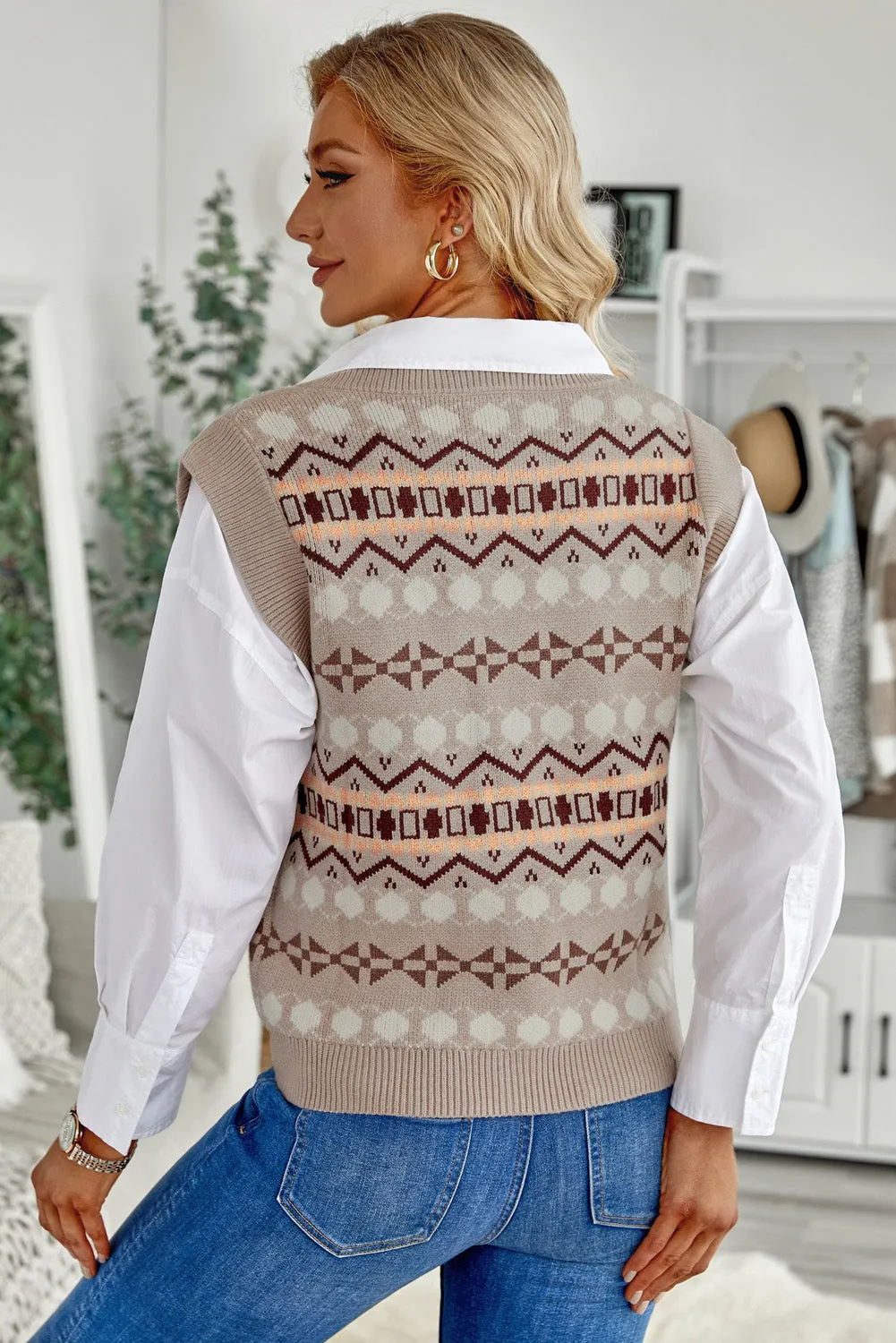 Khaki Tribal Print V Neck Knitted Vest Sweater