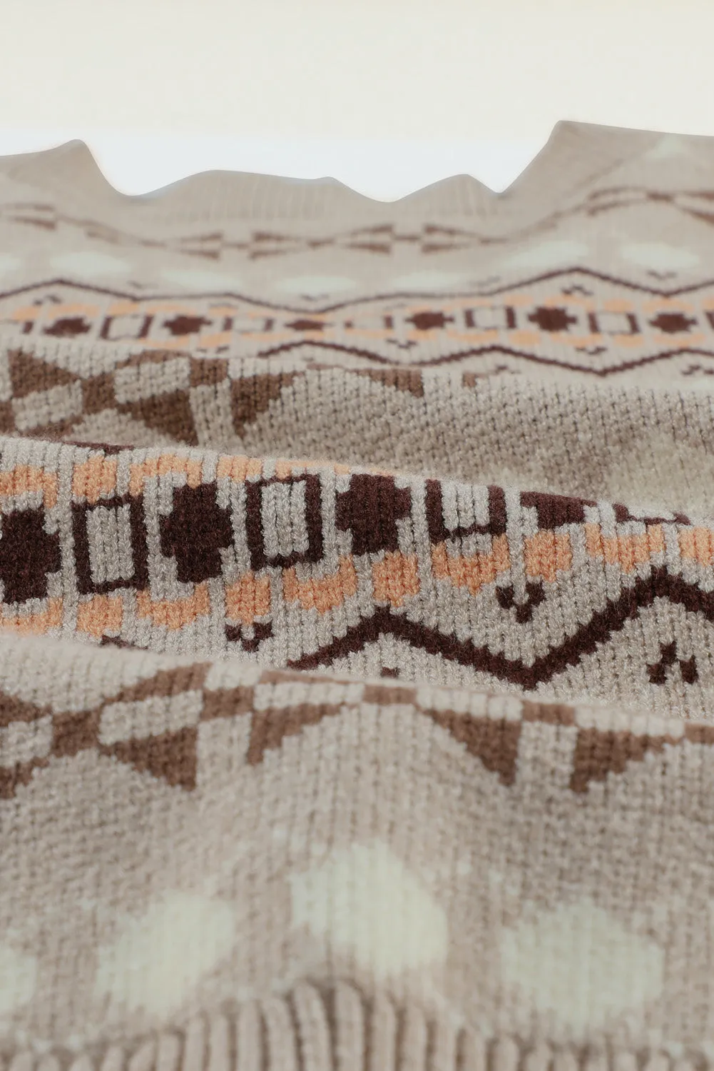 Khaki Tribal Print V Neck Knitted Vest Sweater
