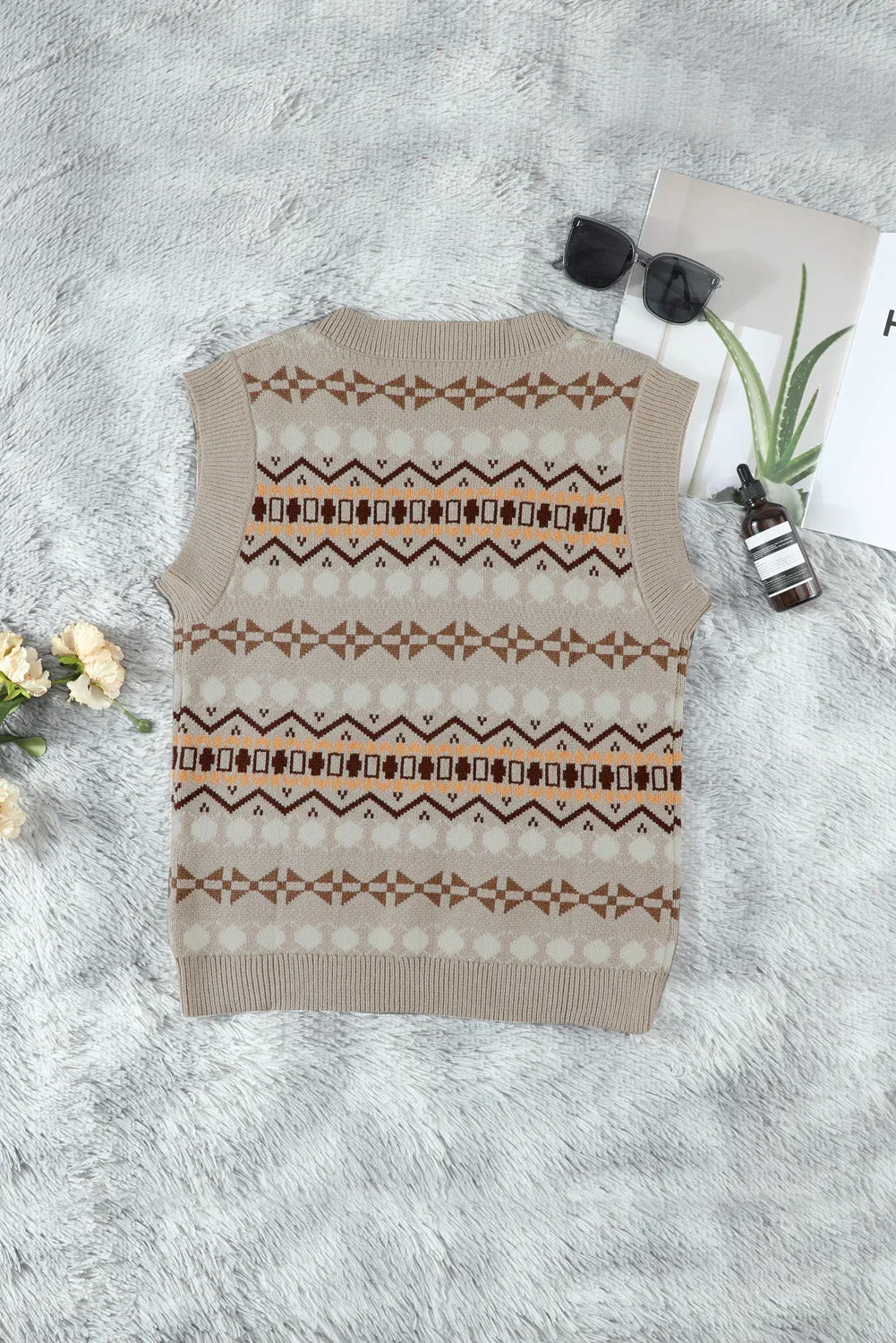 Khaki Tribal Print V Neck Knitted Vest Sweater