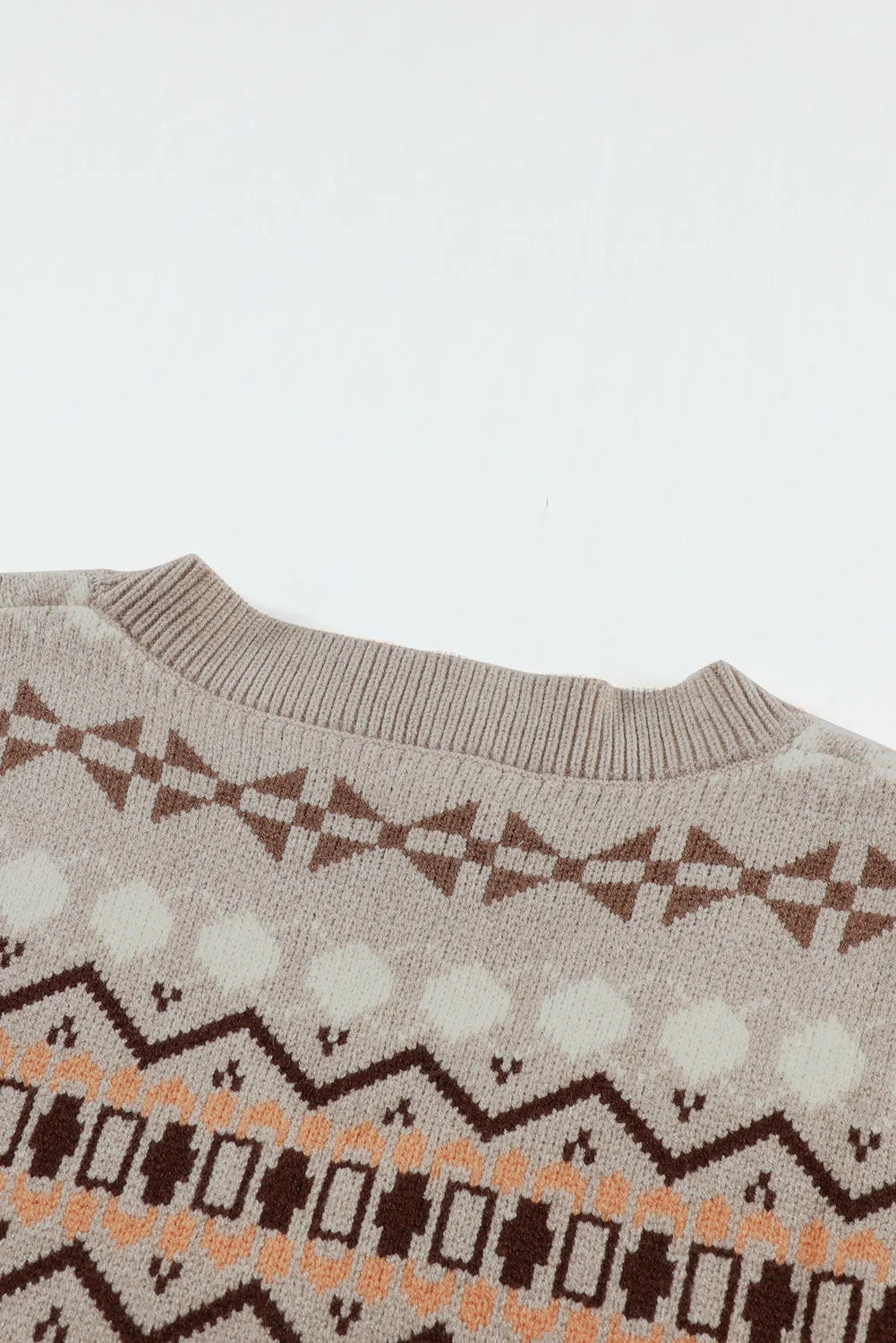 Khaki Tribal Print V Neck Knitted Vest Sweater