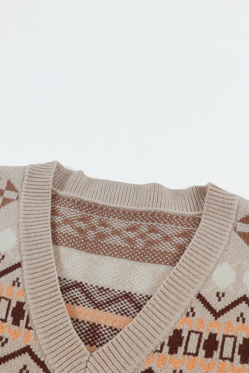 Khaki Tribal Print V Neck Knitted Vest Sweater