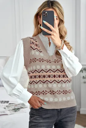 Khaki Tribal Print V Neck Knitted Vest Sweater