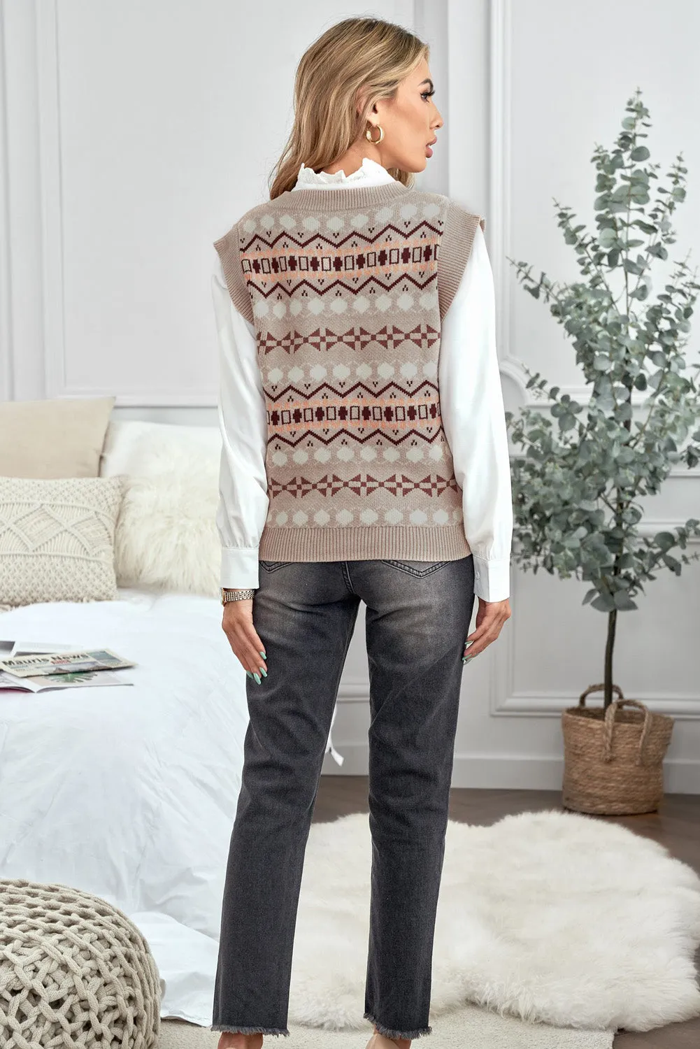 Khaki Tribal Print V Neck Knitted Vest Sweater
