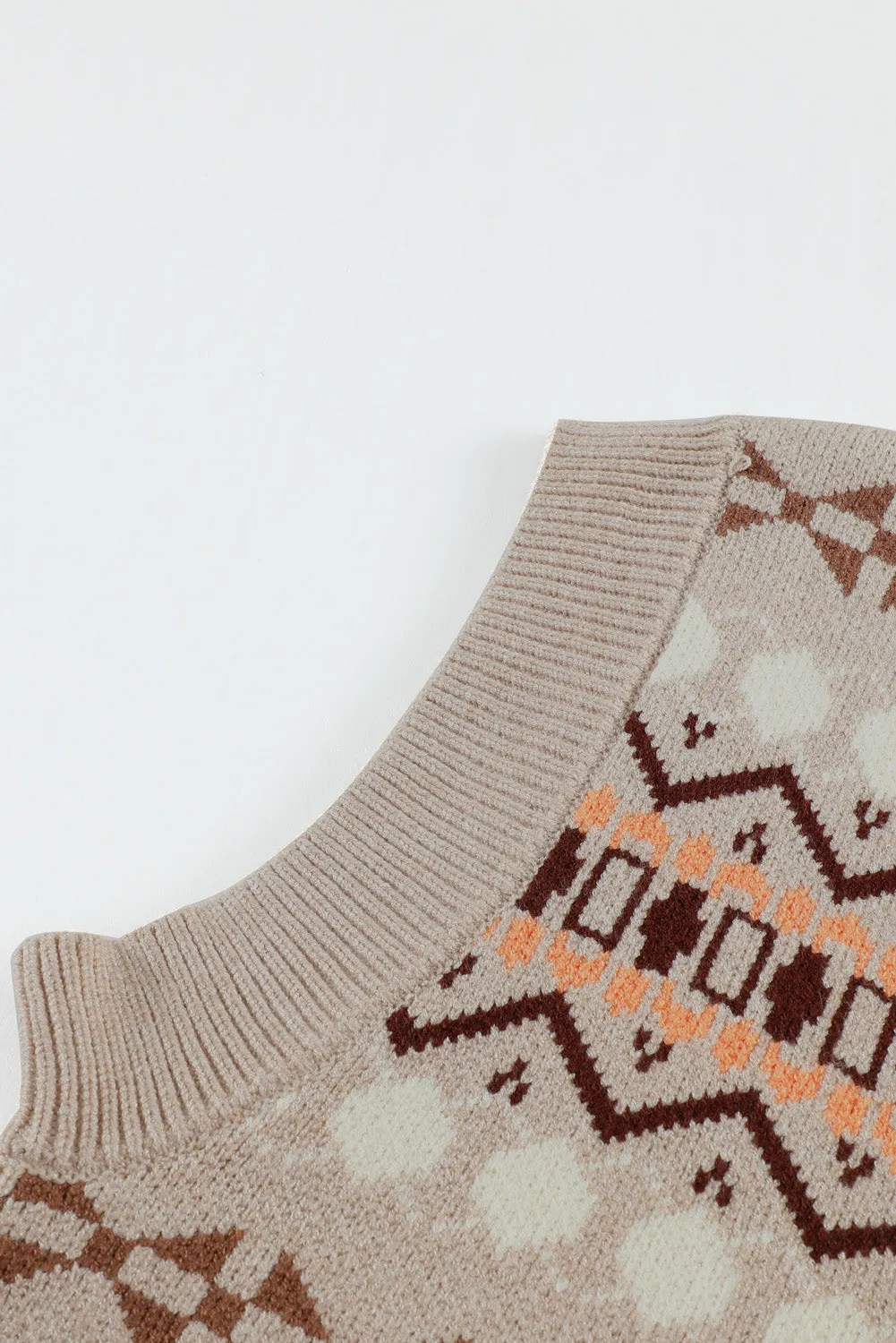 Khaki Tribal Print V Neck Knitted Vest Sweater