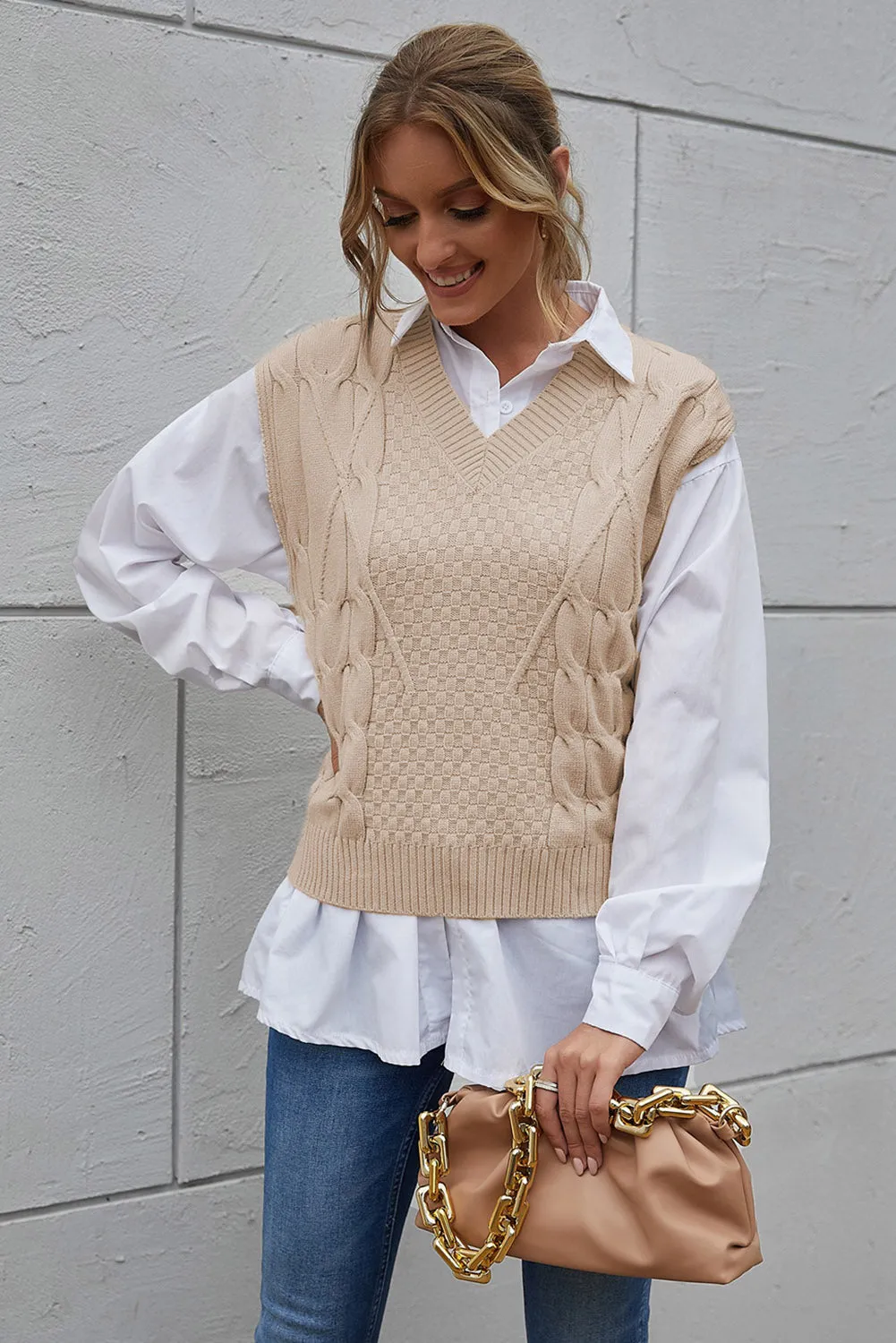 Khaki V-Neck Twist Knitted Vest Sweater