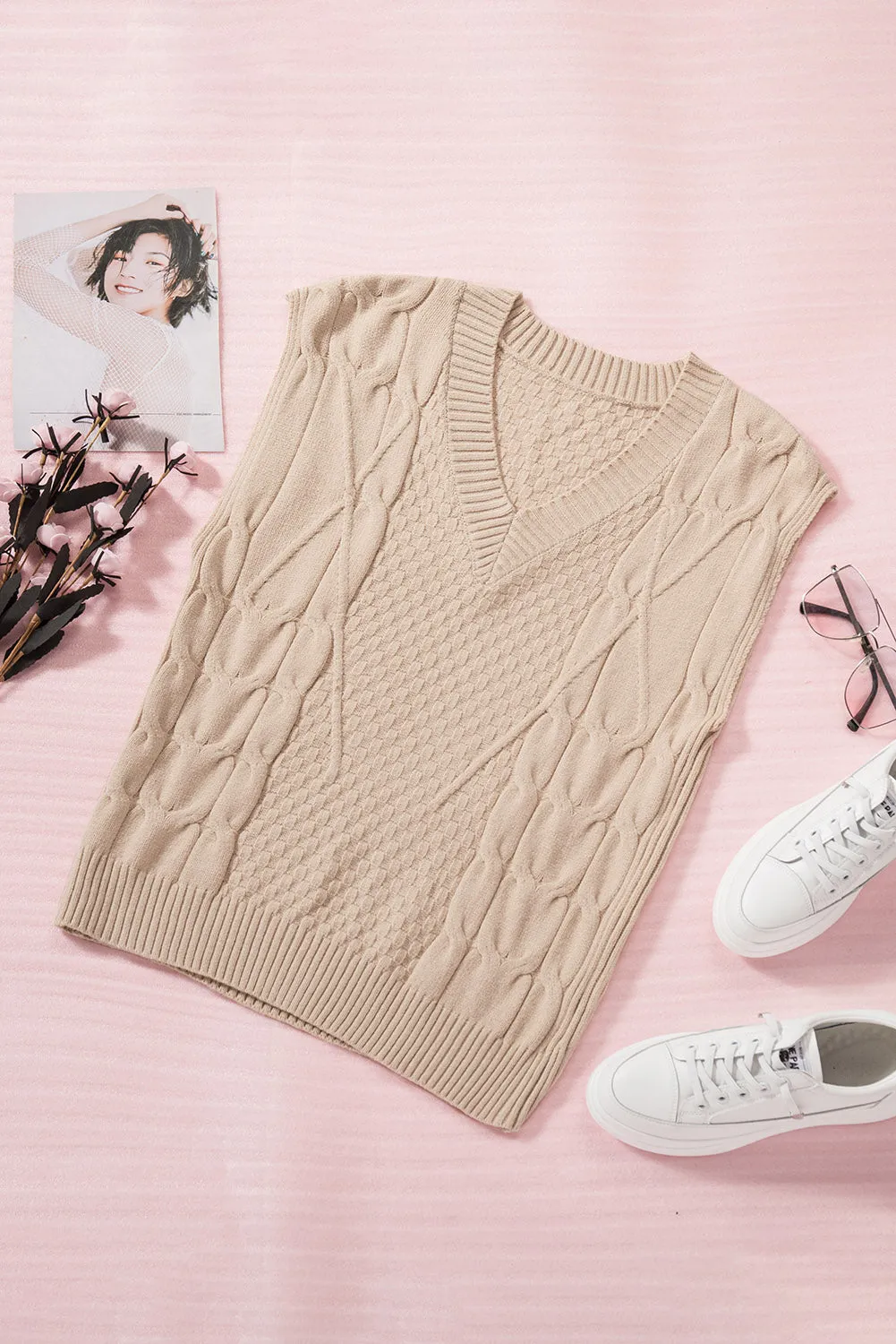 Khaki V-Neck Twist Knitted Vest Sweater