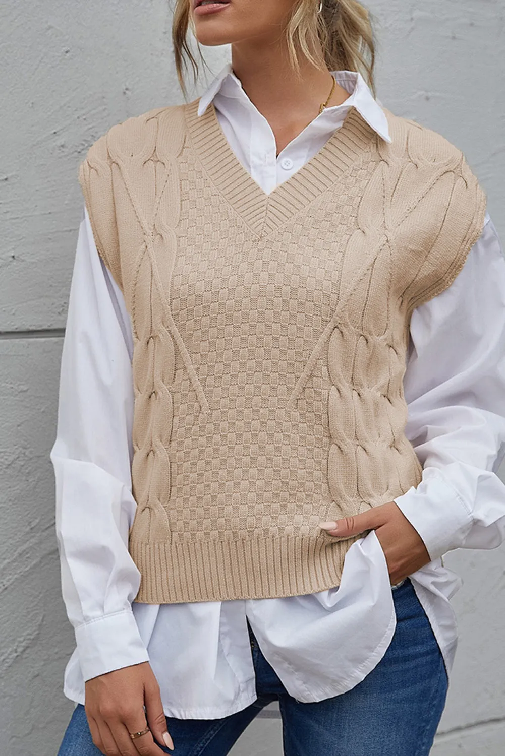 Khaki V-Neck Twist Knitted Vest Sweater
