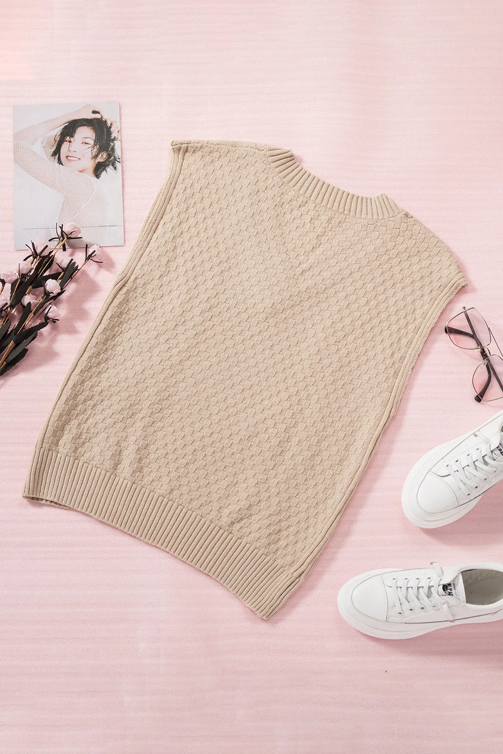 Khaki V-Neck Twist Knitted Vest Sweater
