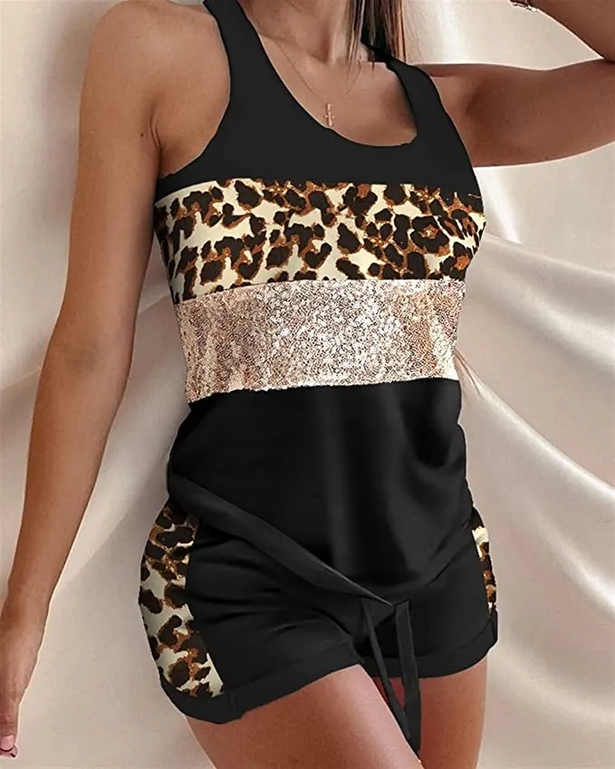 Leopard print Vest Shorts 2 Piece Ladies Casual Shorts Vest Pajamas Set