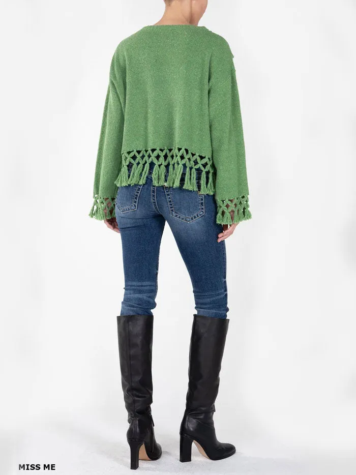 Miss Me MSW0421L Womens Knitted Fringe Sweater Green