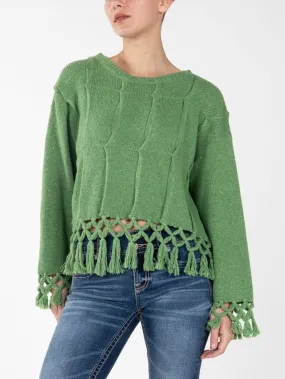 Miss Me MSW0421L Womens Knitted Fringe Sweater Green