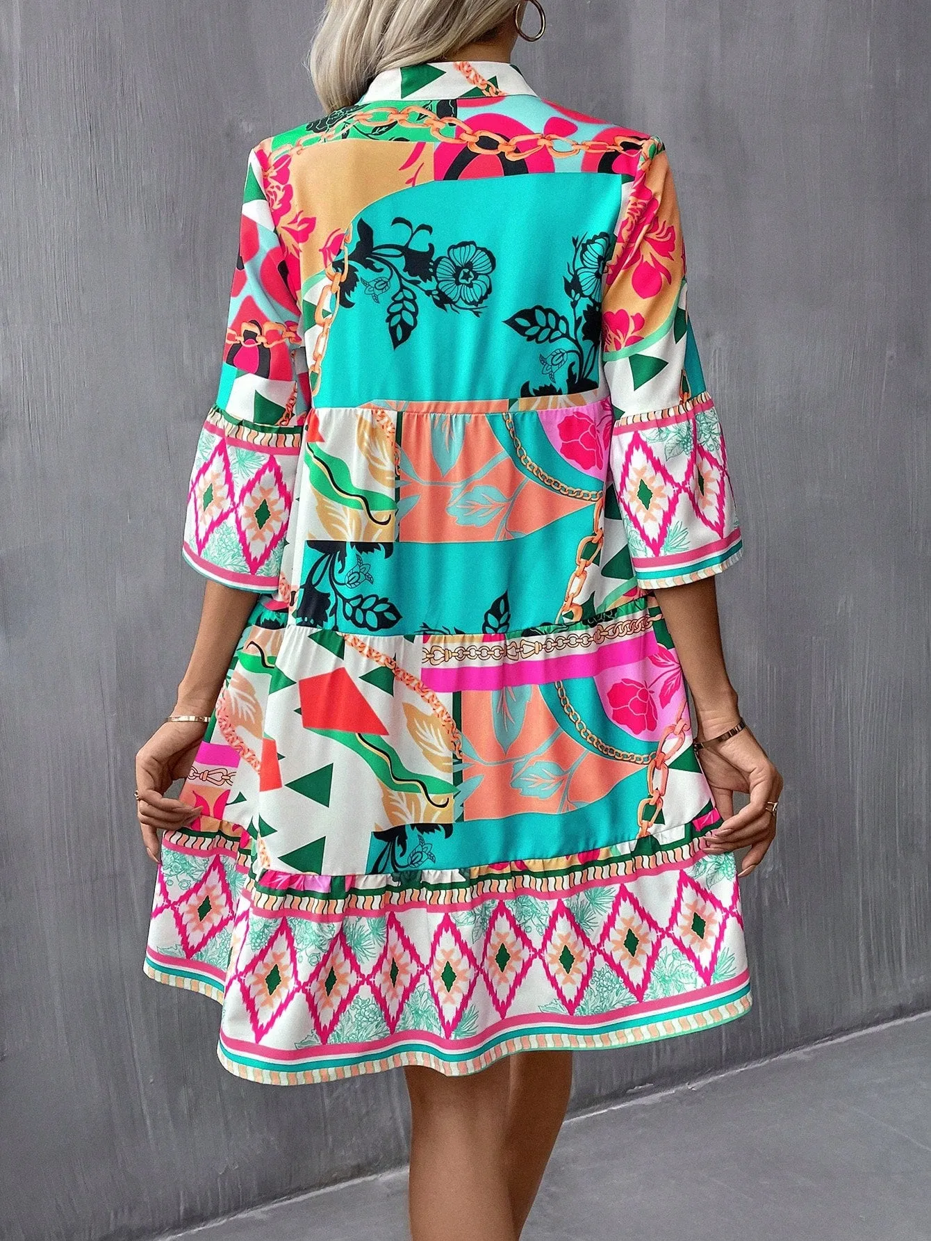 Printed Patchwork Flounce Sleeve Babydoll Dress With Peter Pan Neck