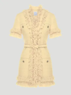 Renya Tweed Short-Sleeved Fringe Trim Vest in Yellow
