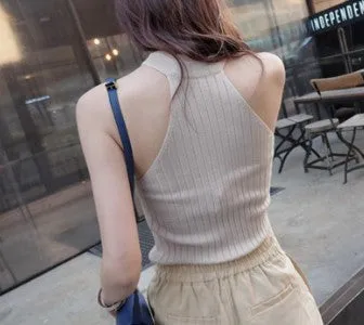 夏季新款韩版修身挂脖无袖背心上衣女露肩吊带背心T恤打底针织女