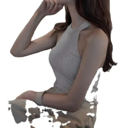 夏季新款韩版修身挂脖无袖背心上衣女露肩吊带背心T恤打底针织女