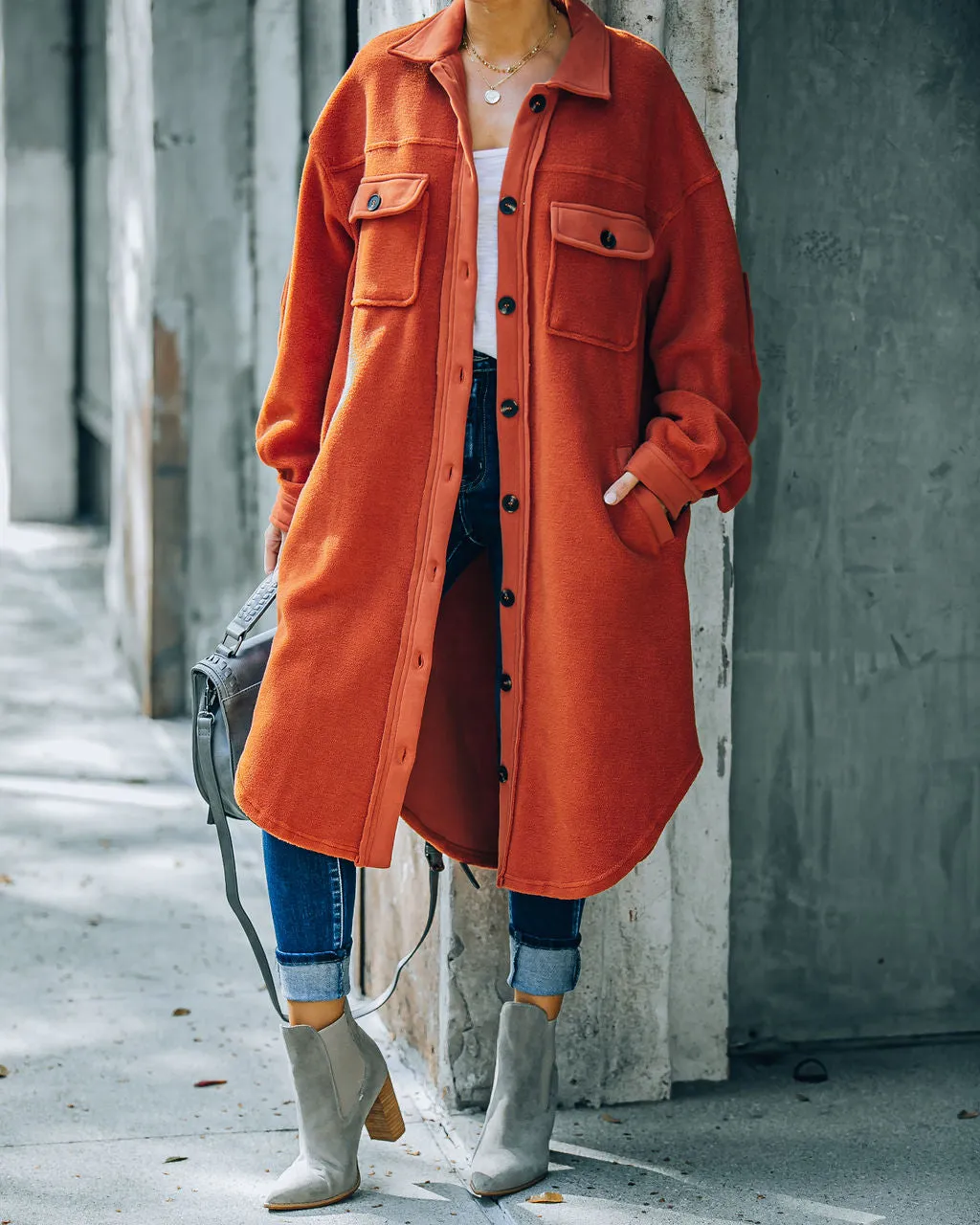 TastyHottie - Alayjah Pocketed Longline Fleece Shacket - Rust