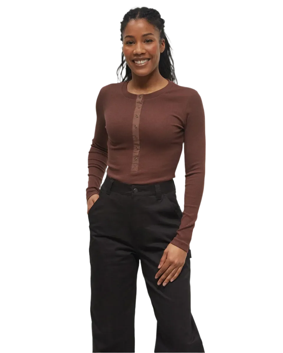 TENTREE Women's Rib Snap Placket Henley Longsleeve Shirt Deep Mahogany