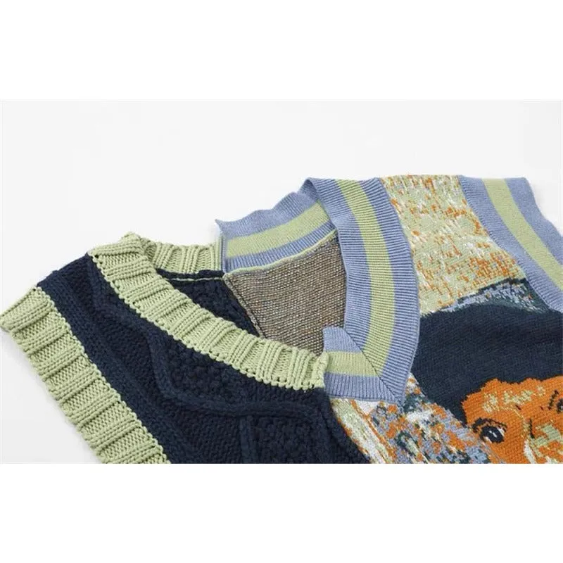 Van Gough Patchwork Sleeveless Twist Knitted Vest - V Neck