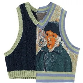 Van Gough Patchwork Sleeveless Twist Knitted Vest - V Neck