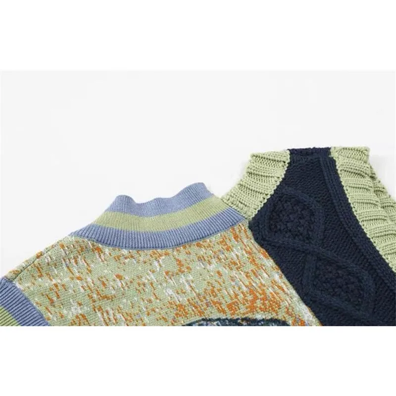 Van Gough Patchwork Sleeveless Twist Knitted Vest - V Neck