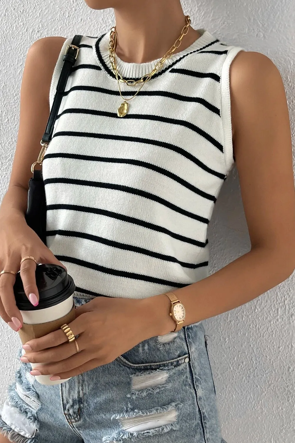 White Striped Round Neck Sweater Vest